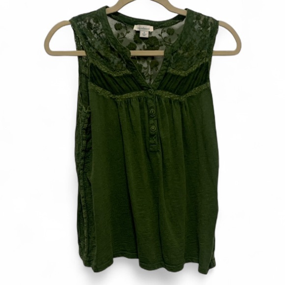 Sundance Tops - Sundance Green Boho Lace Panels Button Neck Tank Top Size Small